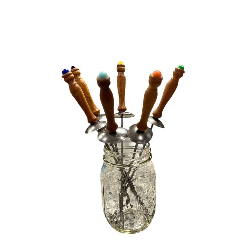 Vintage Mid-Century Cocktail Picks/Fondue– Set of 6 Wooden Handles w/ Color Tips